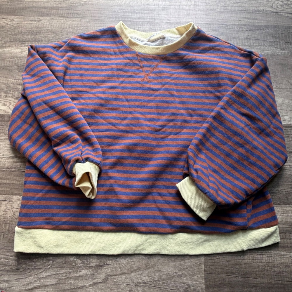 UEU Striped Crewneck Sweatshirt Blue Orange French Terry Pullover Large